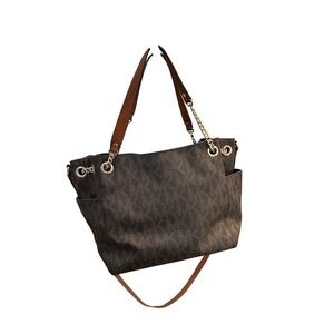 Michael Kors Signature Monogram Tote Bag Brown Leather Strap Gold Hardware